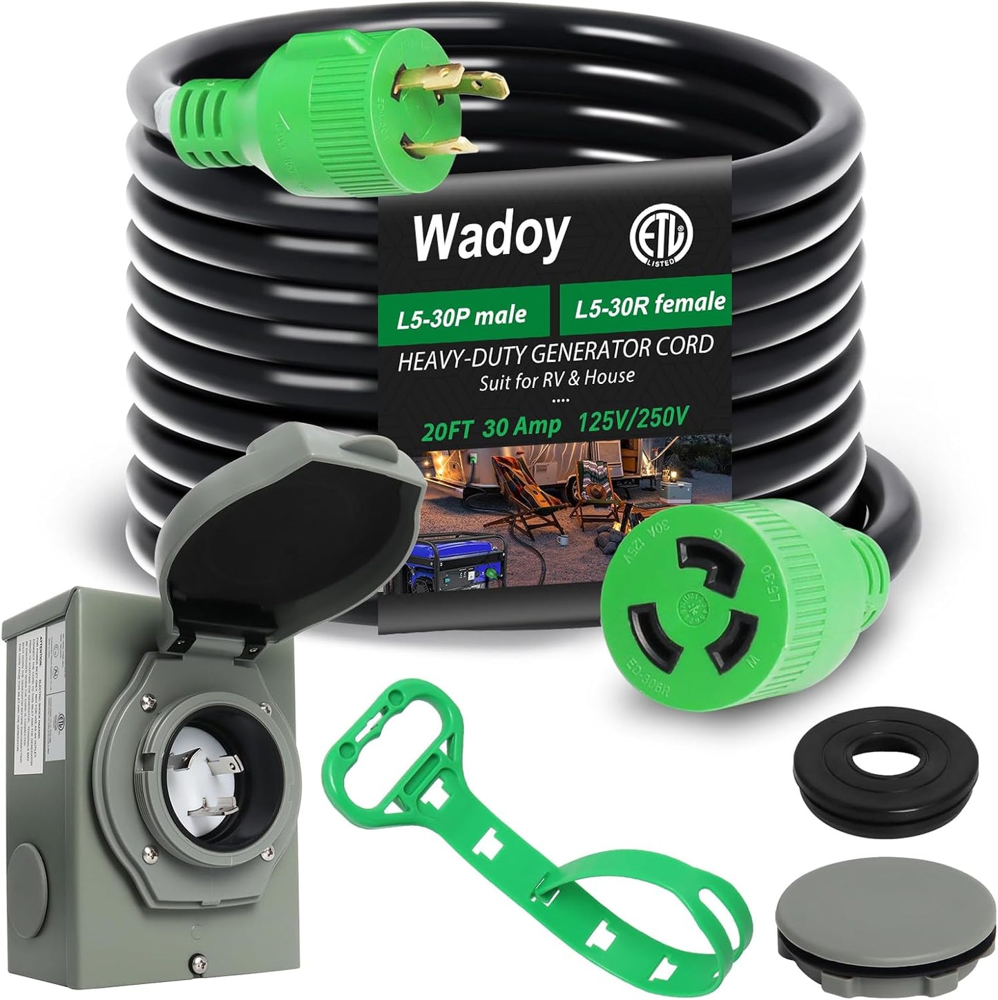 Wadoy 30 Amp Generator Cord 20Ft with Power Inlet Box Kit