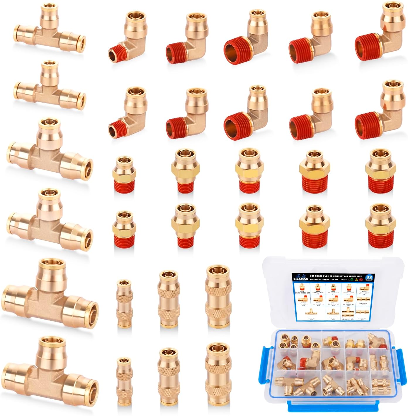 32 Pcs Brass DOT Air Brake Line Fittings Assortment for Trucks