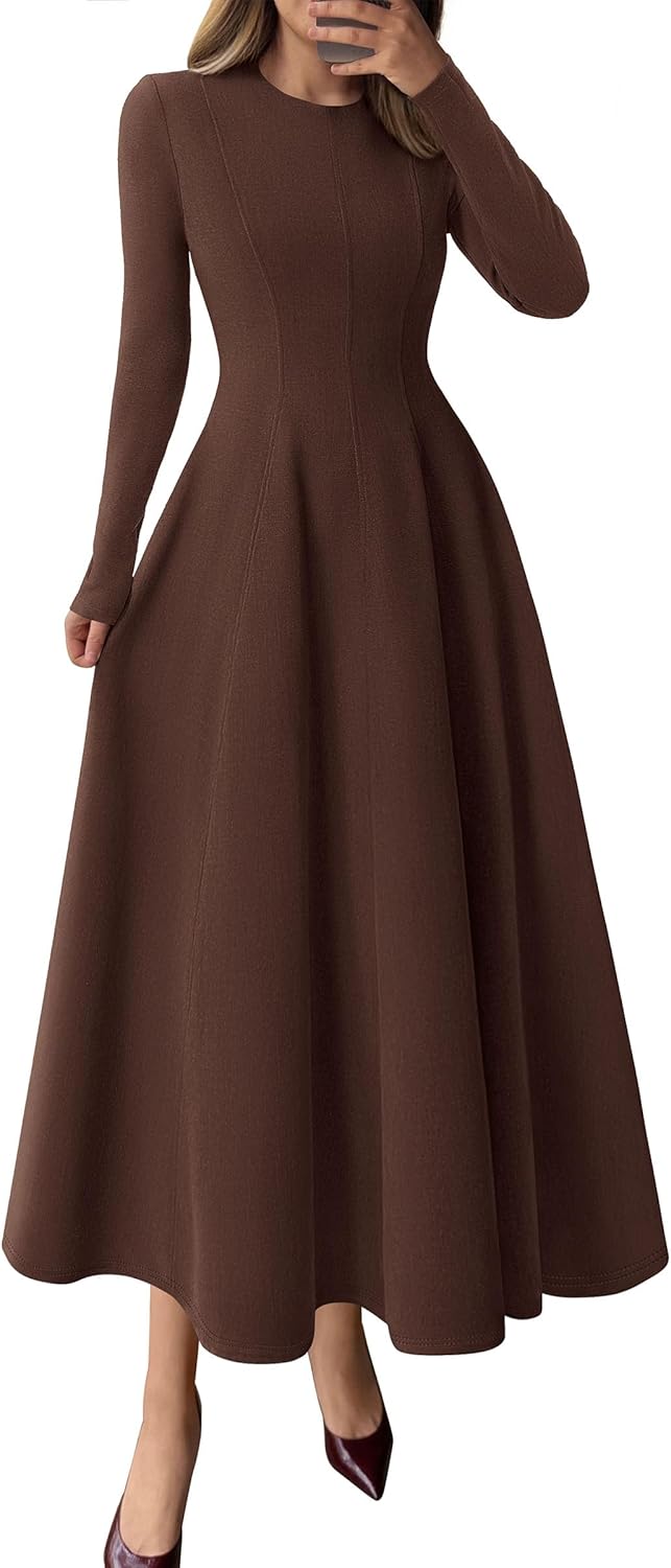 Elegant Classy Fall Long Sleeve Midi A Line Flowy Dress