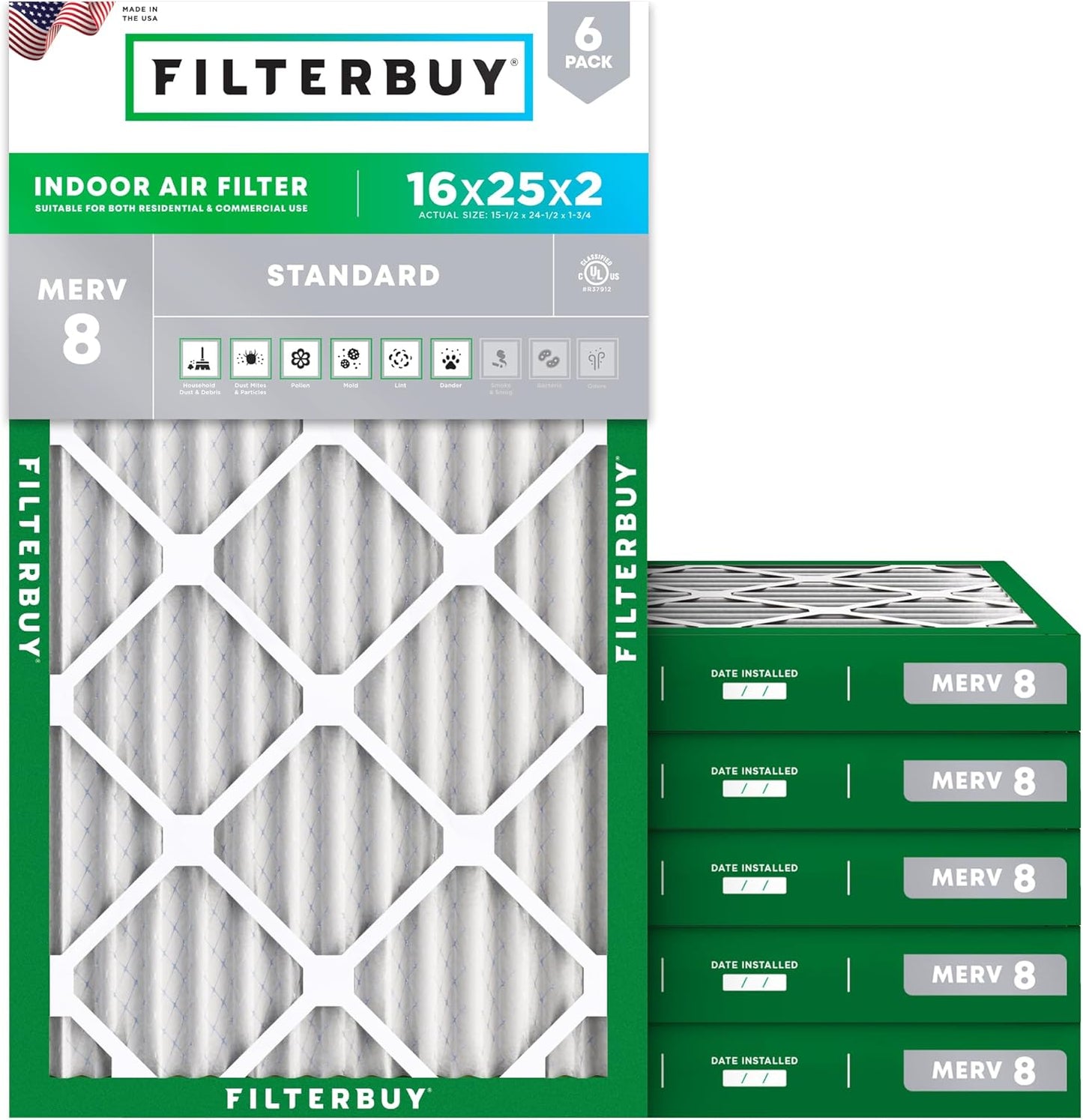 Filterbuy 16x25x2 Air Filter MERV 8 for Dust & Allergy Defense