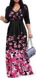 Plus Size Maxi Dress V-Neck 3/4 Sleeve - Comfortable (Style 5BRK)