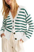 Saodimallsu Womens Striped Cardigan Sweater - Soft V Neck Button Down