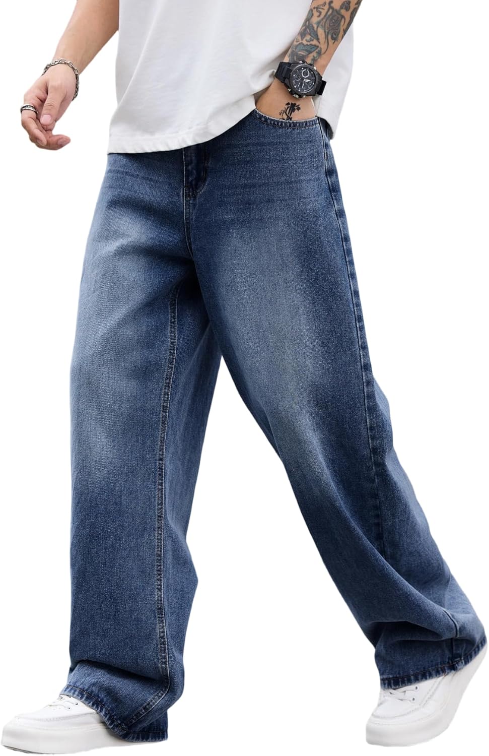 Mens Baggy Jeans Distressed Wide Leg Denim Pants for Casual Wear