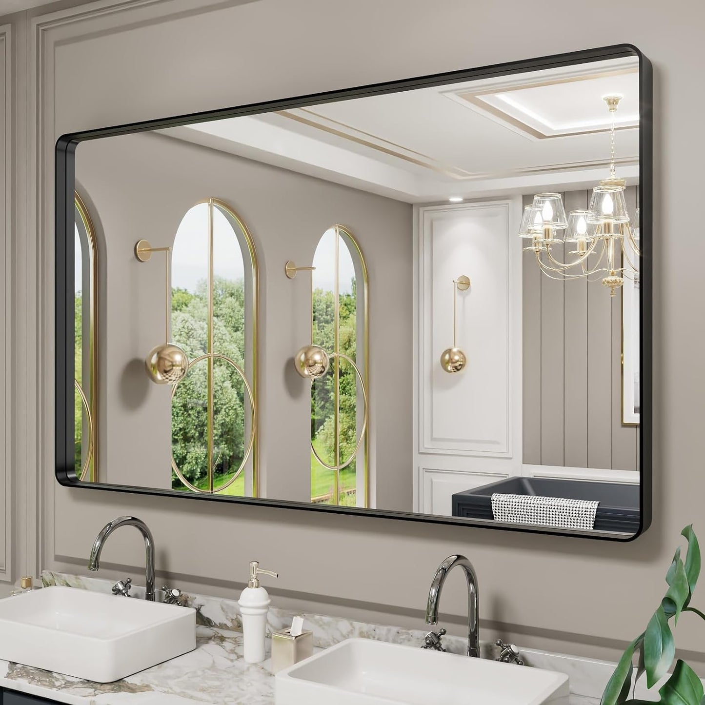 60X30 Inch Black Metal Framed Bathroom Mirror for Wall Decor