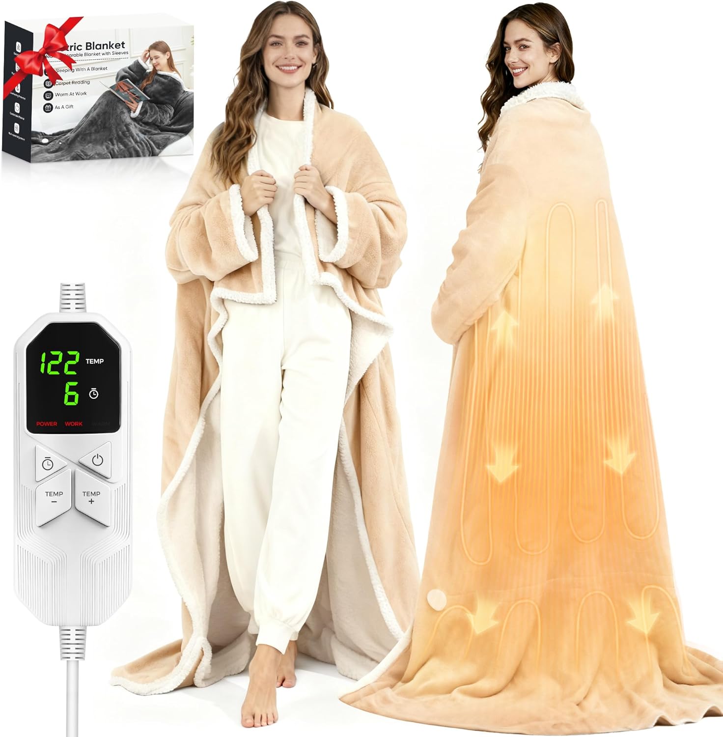 Heated Wearable Blanket with Sleeves & Foot Pocket for Comfort