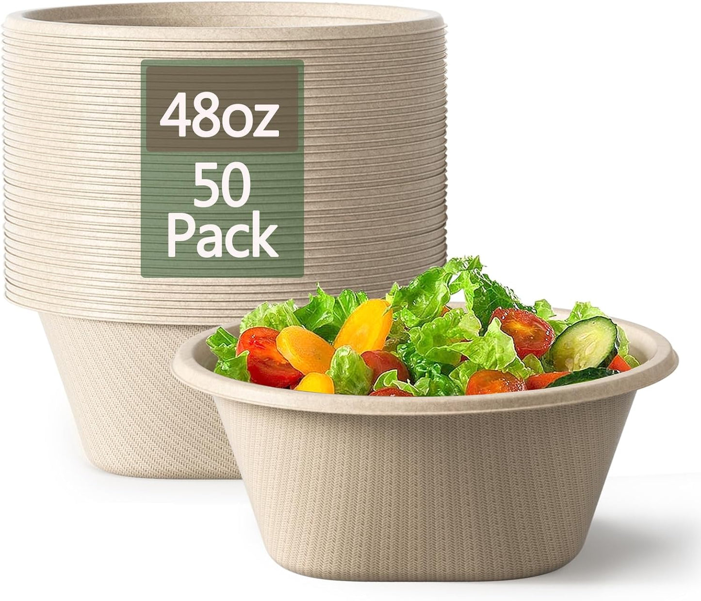 Heavy Duty 48 oz Compostable Bowls [50 Pack] - Eco-Friendly, Microwave Safe