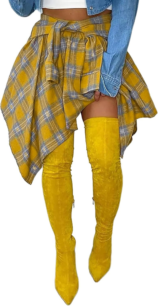 Women's Plaid Skirts High Waisted Knot Front Mini Skater Skirt