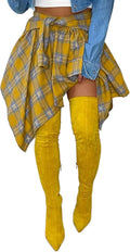 Women's High Waisted Plaid Skater Skirt - Knot Front Asymmetrical Mini