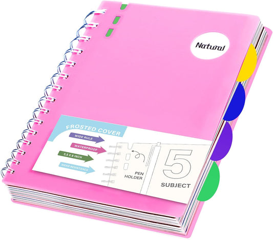 Compact 5-Subject Spiral Notebook, 204 Lined Pages, Dividers, Pink