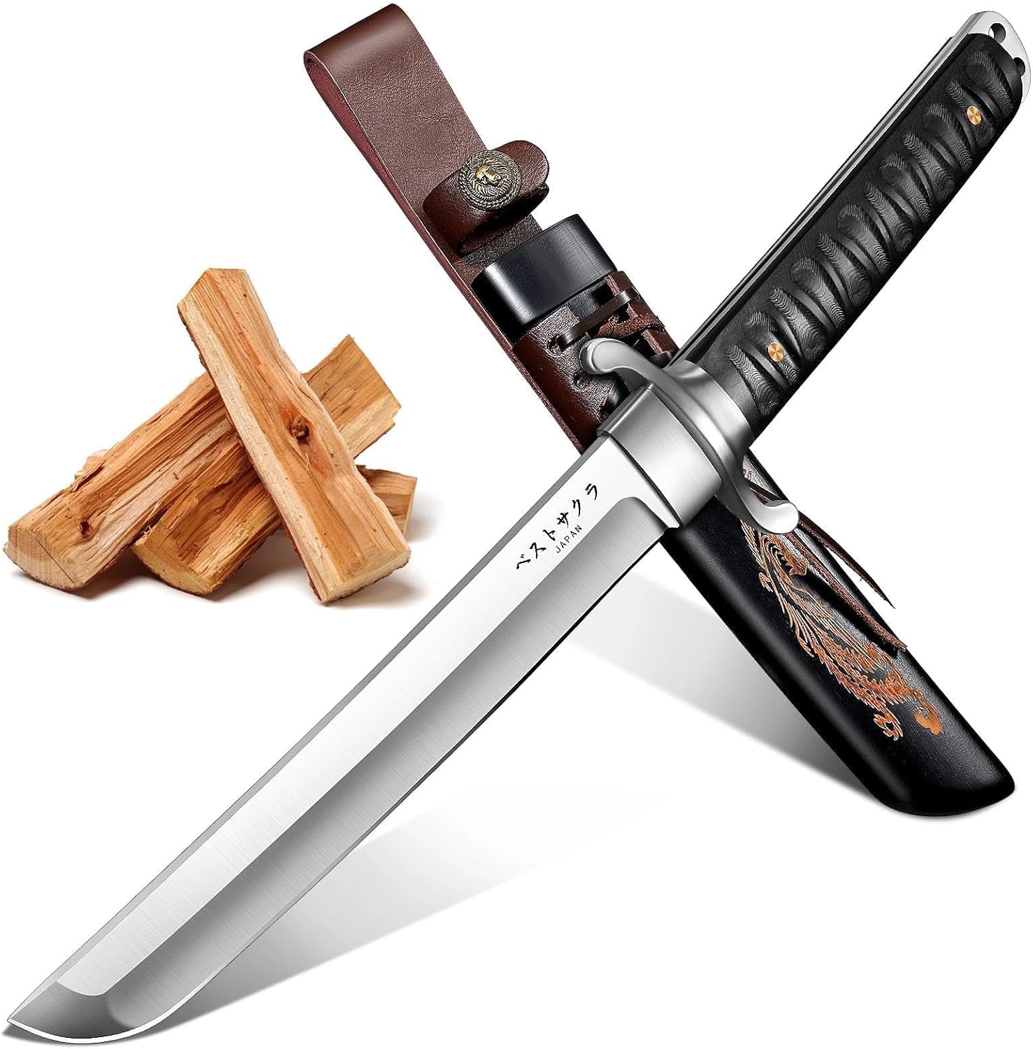 Japanese Fixed Blade Tanto Knife with Phoenix Carved Sheath