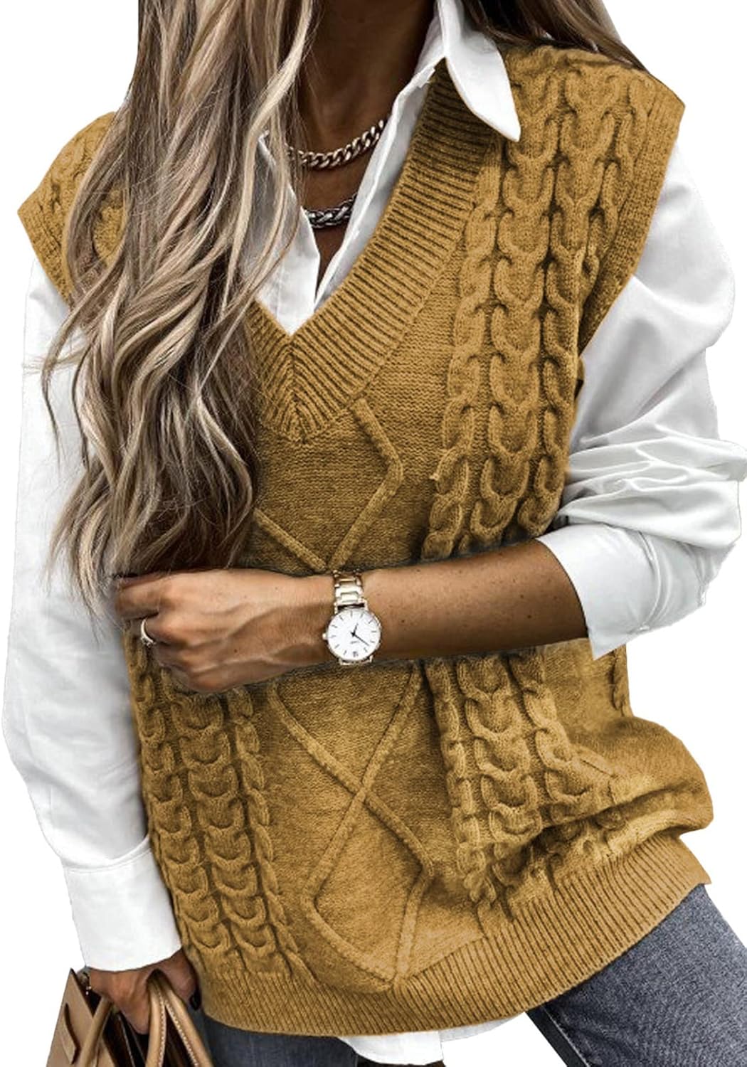 EVALESS Oversized Sweater Vest for Women - Stylish V Neck Design