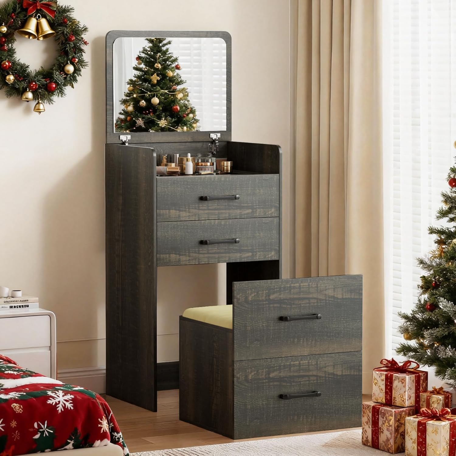 3 in 1 Make Vanity Desk with Flip Top Mirror for Compact Spaces