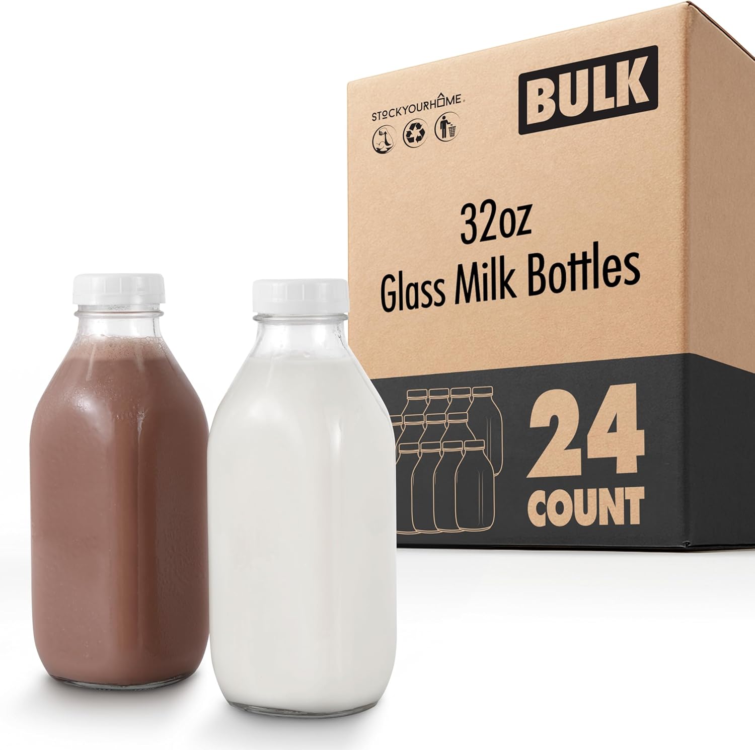 Stock Your Home Liter Glass Milk Bottle 24 Pack for Juices