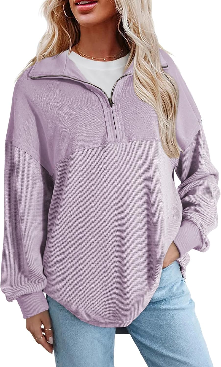 SHEWIN Womens Fall Sweatshirt Casual Waffle Knit Half Zip Pullover