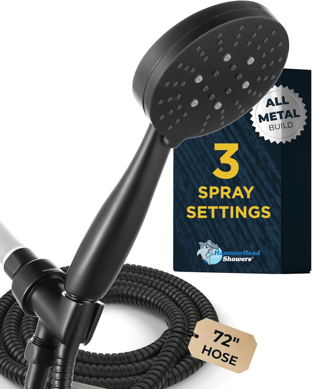 Solid Metal 3-Spray Handheld Shower Head with Long Hose