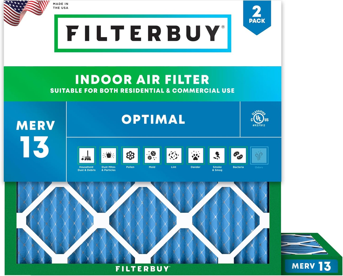 Filterbuy 22x22x1 Air Filter MERV 13 for Smoke & Allergy Defense