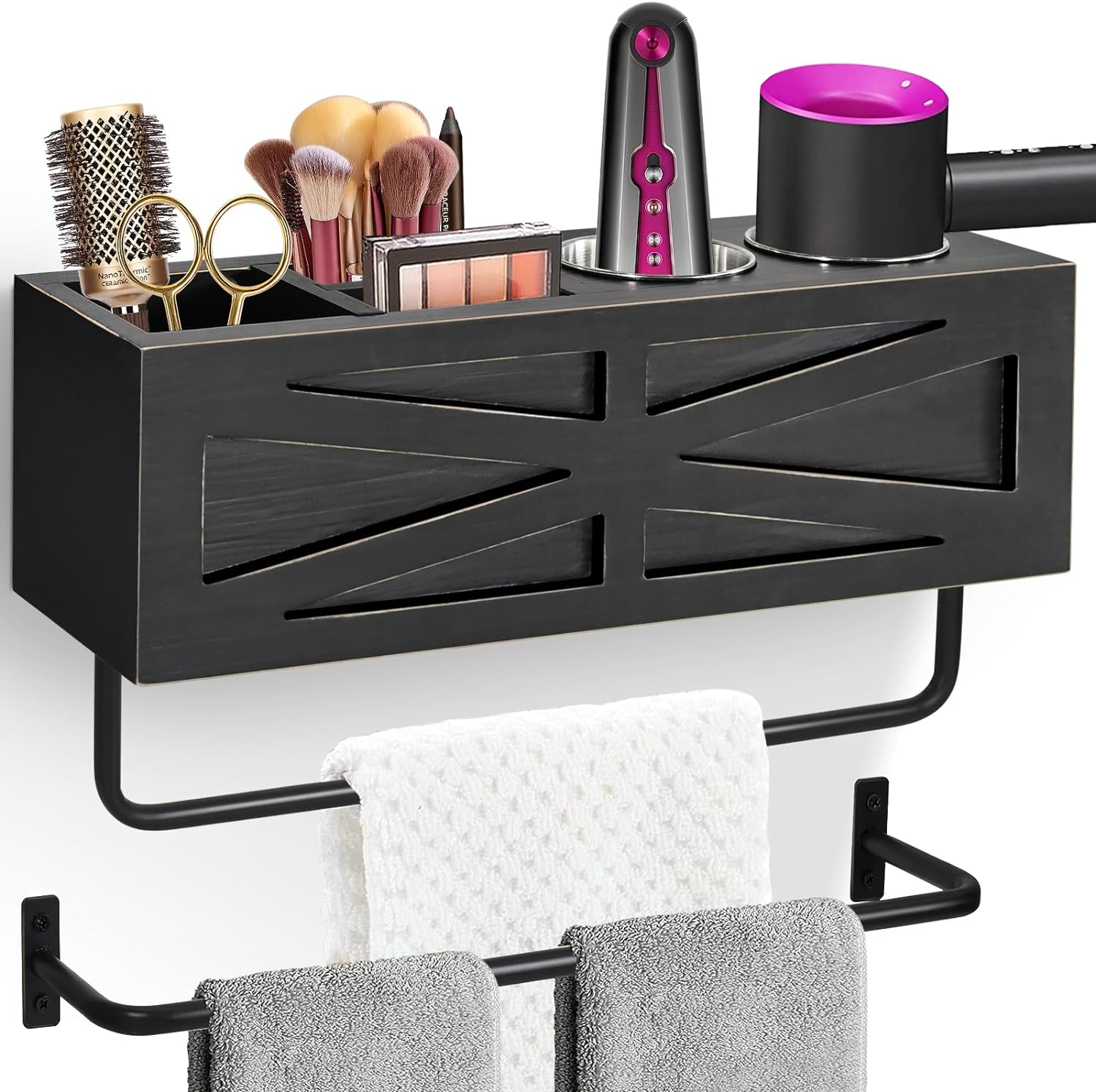 Rustic Hair Tool Organizer with Towel Bars - Bathroom Decor