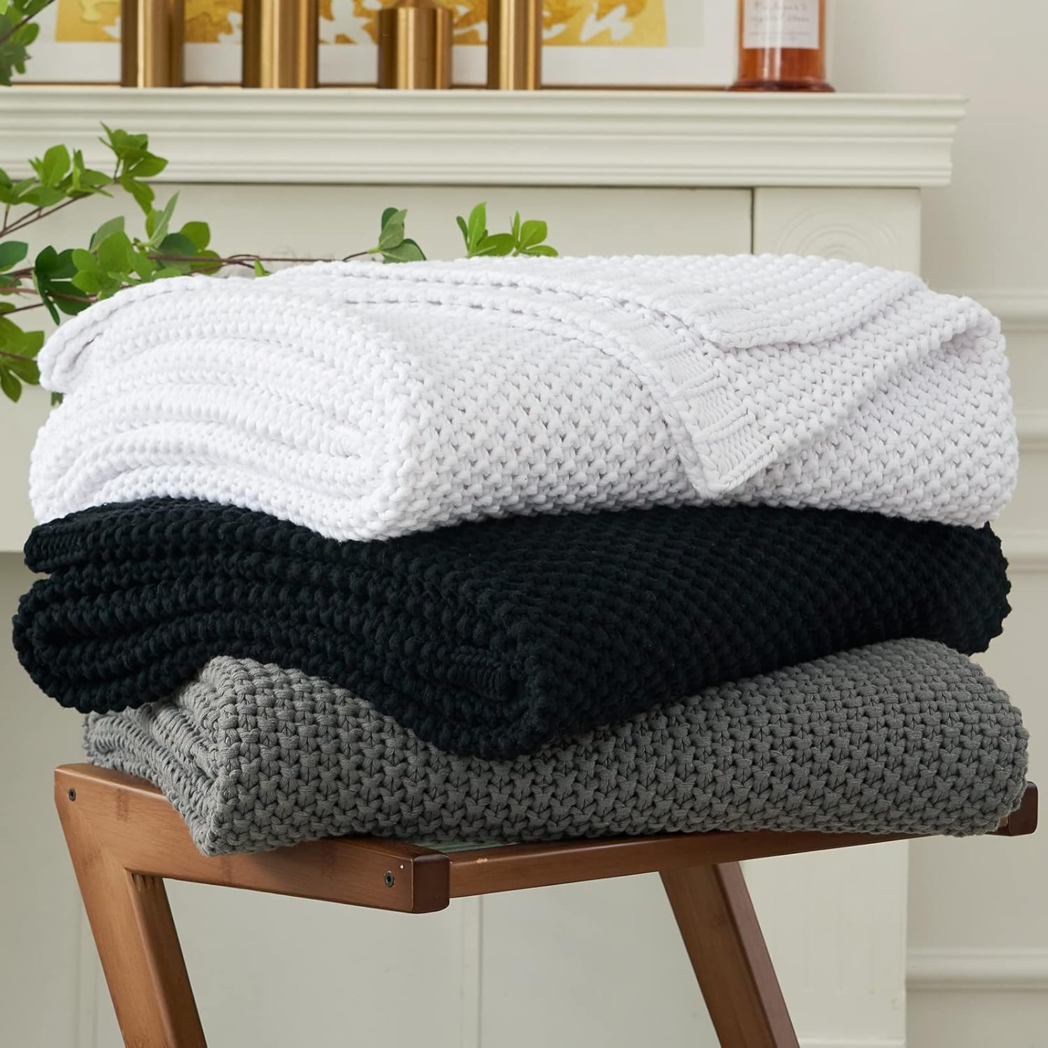 Chunky Cable Knit Throw Blanket Lightweight Black Organic Cotton