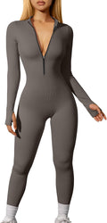 OQQ Women Yoga Jumpsuits Ribbed Long Sleeve Zip Front - Flattering
