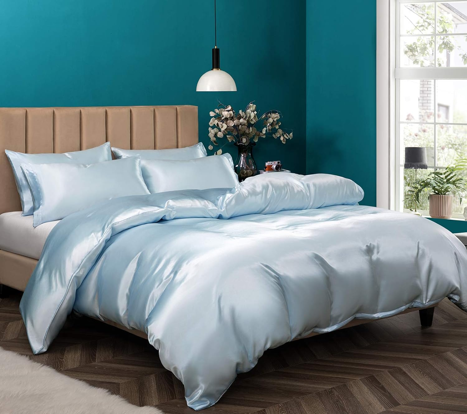 Luxury Baby Blue Satin Duvet Cover Set for King Size Bedding