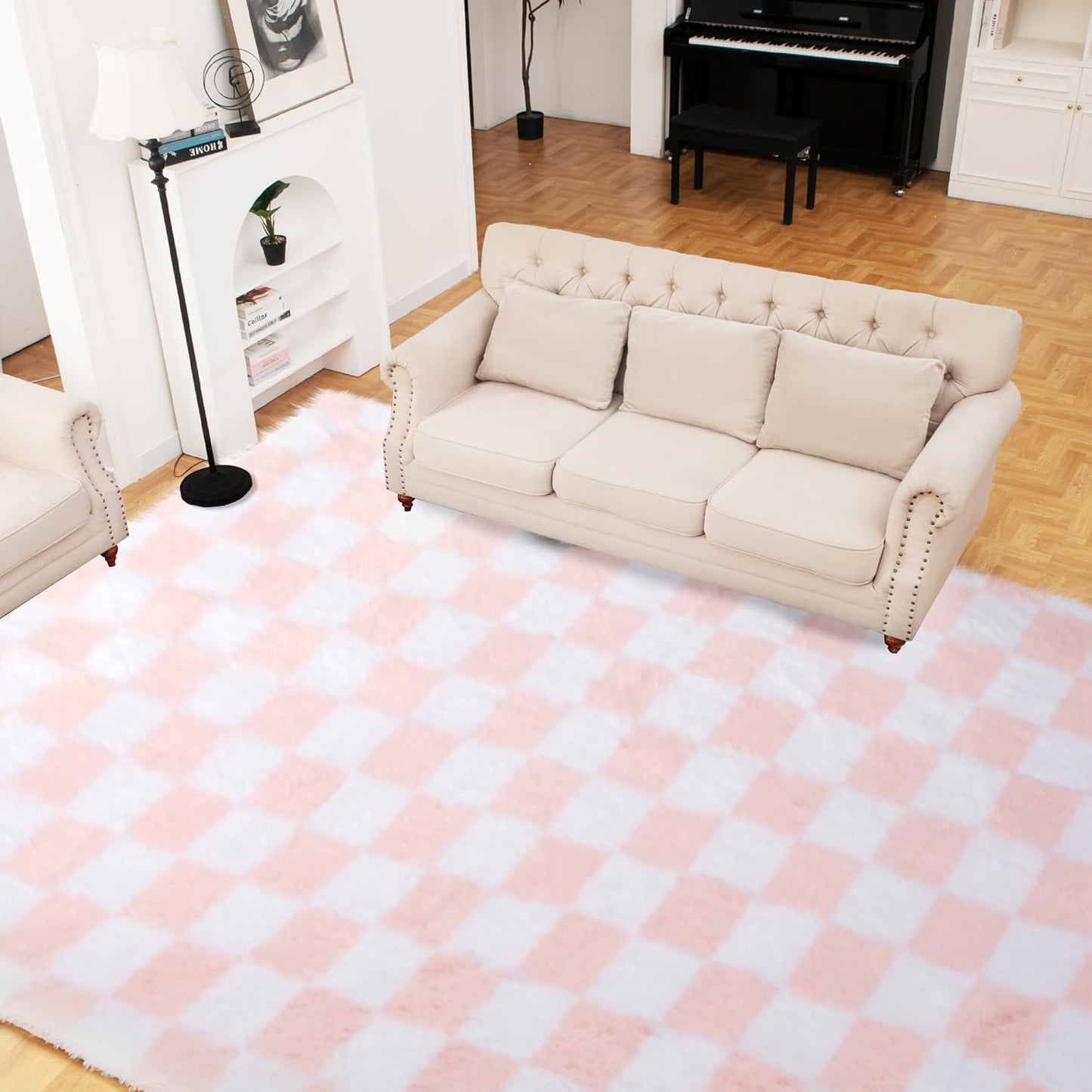 Super Soft Rug for Bedroom, 8x10 Ft Pink and White Checkered