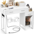 Modern White Vanity Desk - 4 Drawers, Charging Station, Reversible Cabinet