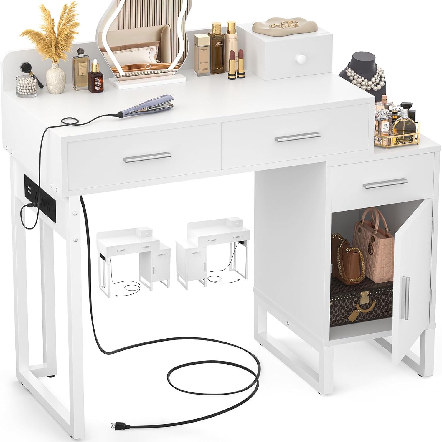 Modern White Vanity Desk - 4 Drawers, Charging Station, Reversible Cabinet