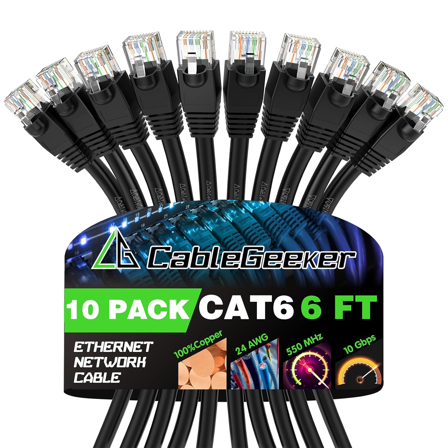 Cat 6 Ethernet Cable 10-Pack - Snagless RJ45, Fast Network Connection