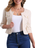 Allegra K Denim Jacket Collarless 3/4 Sleeve Crop Cardigan - Versatile