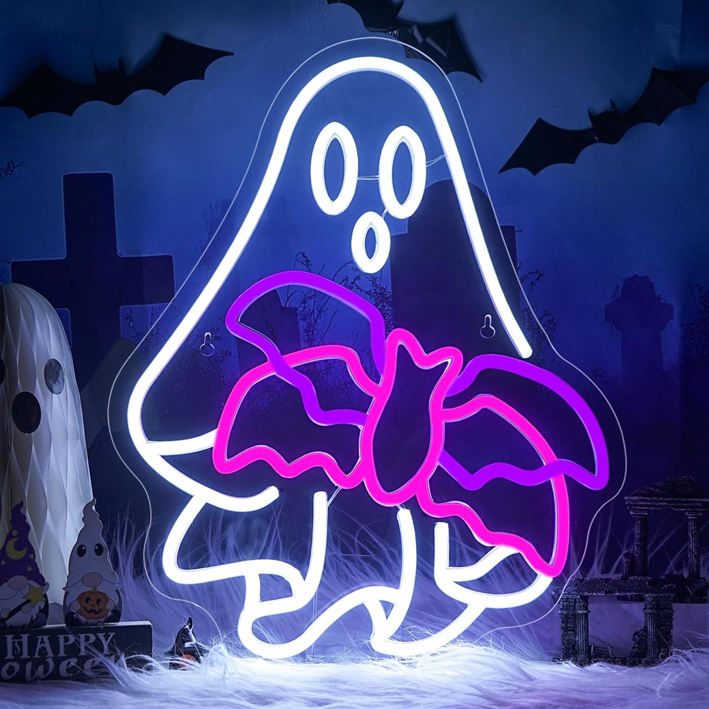 WLHOPE Ghost Bat Neon Sign for Halloween Bar and Room Decor
