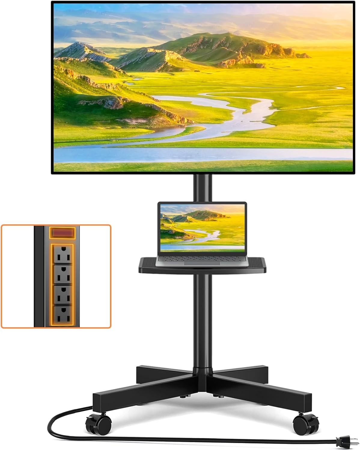 TVON Portable TV Stand with Power: Height Adjustable