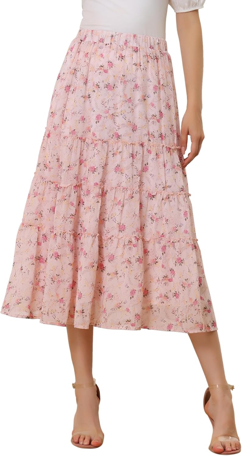 Allegra K Women's Floral Chiffon A-line Midi Skirt for Summer