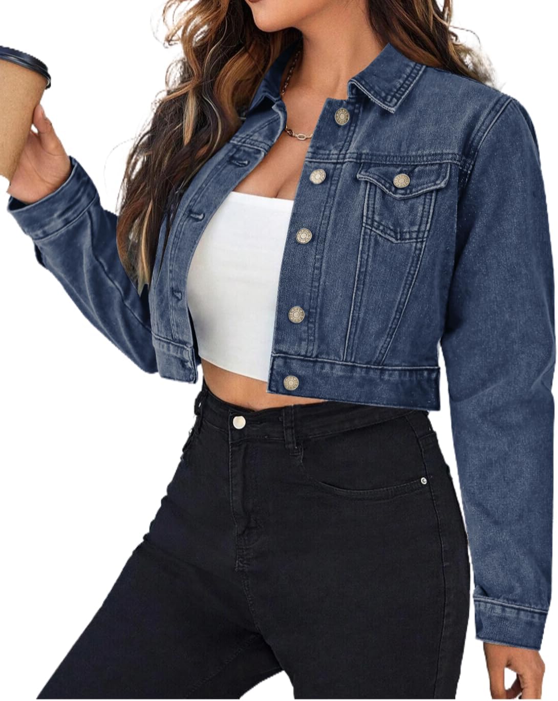 Stylish Women's Button Down Long Sleeve Cropped Denim Jacket