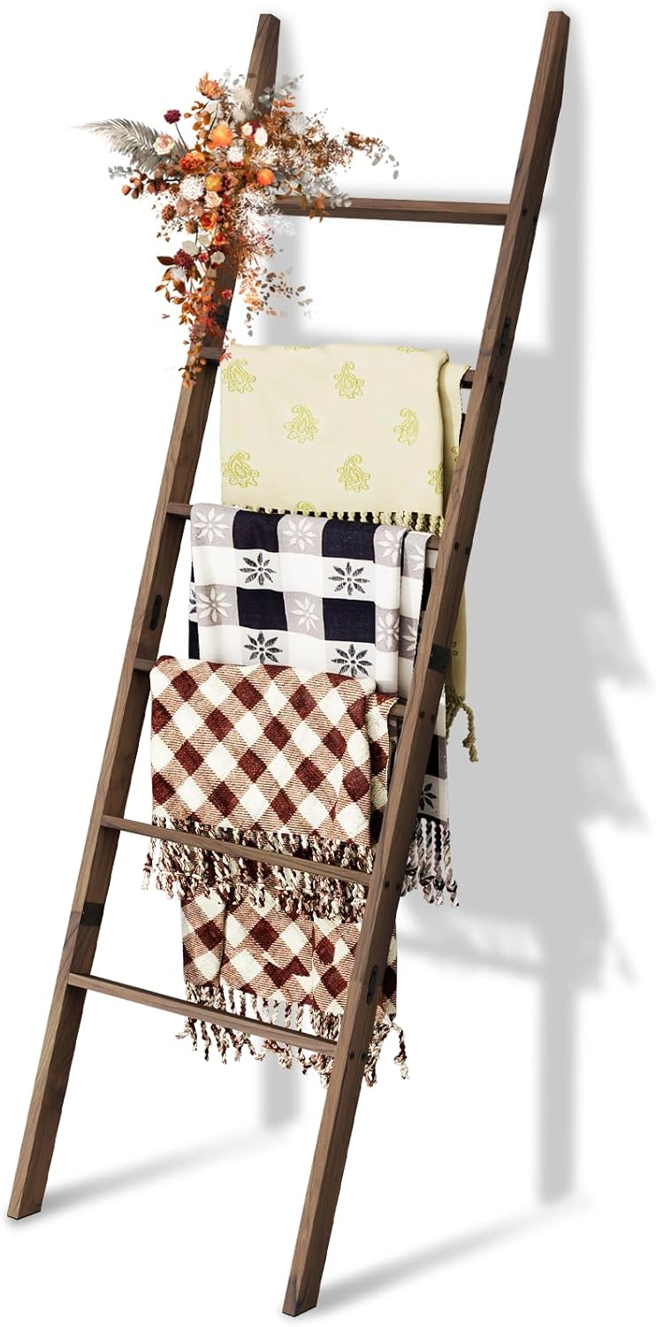 Acacia Wood 6-Tier Blanket Ladder for Rustic Home Decor