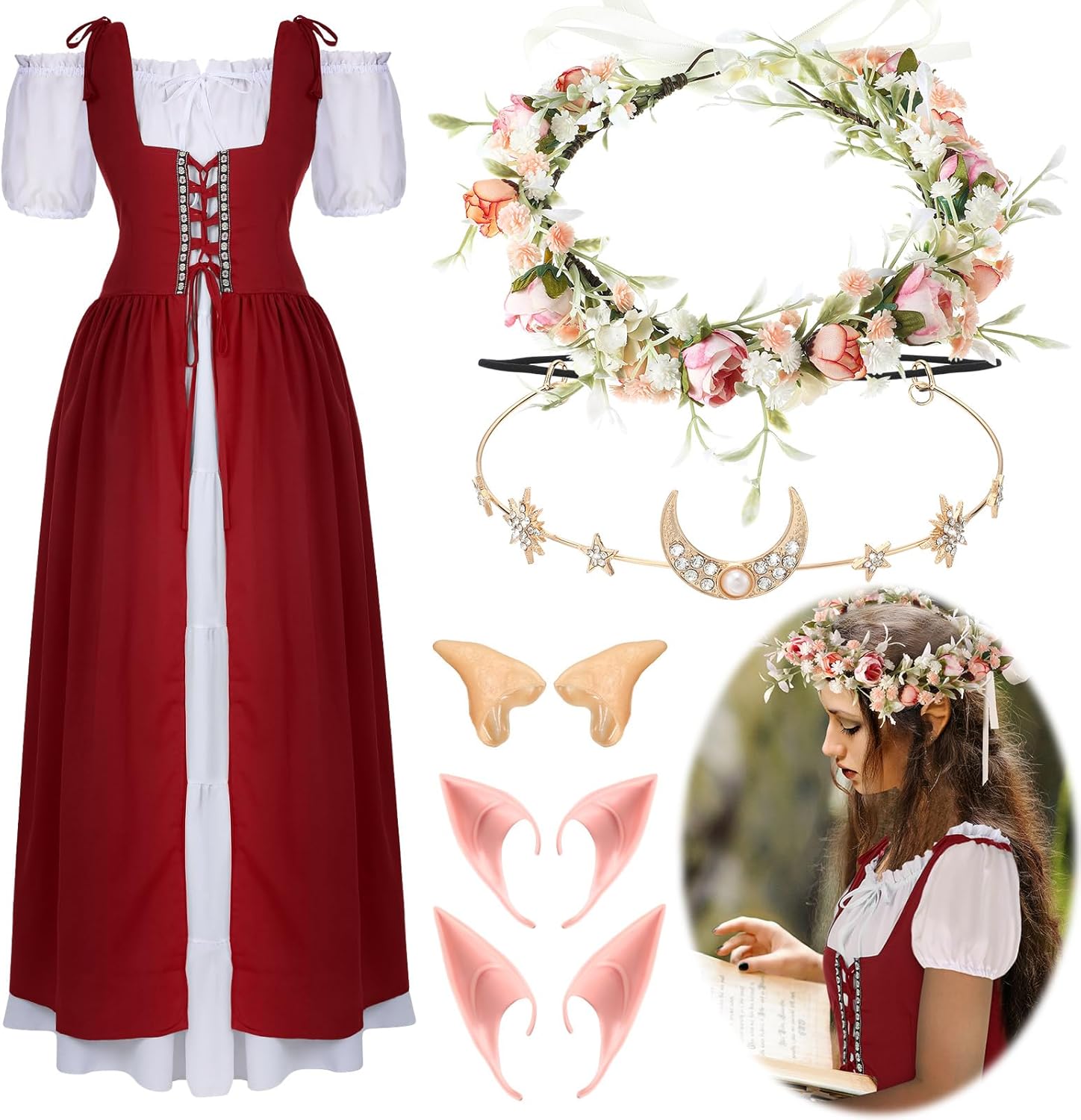 Renaissance Fairy Costume Set with Elf Ears and Headpiece