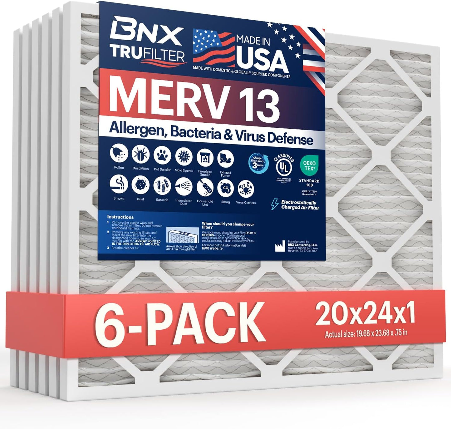 BNX TruFilter 20x24x1 MERV 13 Air Filters for Cleaner Air