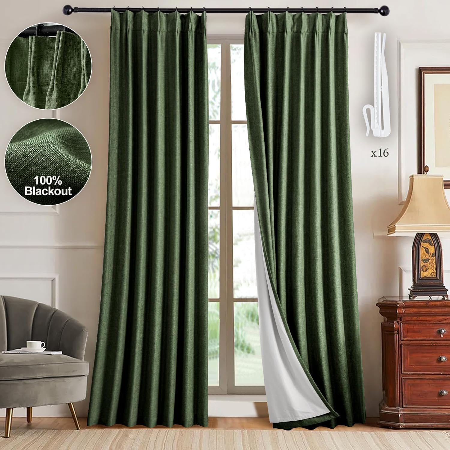 IVAPUPU Linen Pinch Pleated Full Blackout Curtains for Home