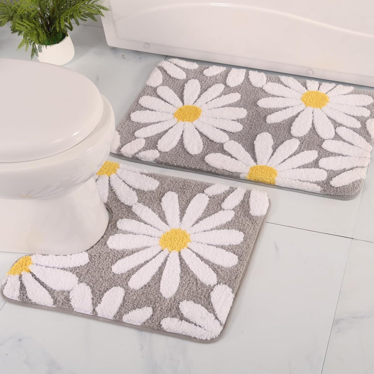 QJHOMO Bathroom Rug Set 2 Piece, Cute Daisy Bath Mat Gray
