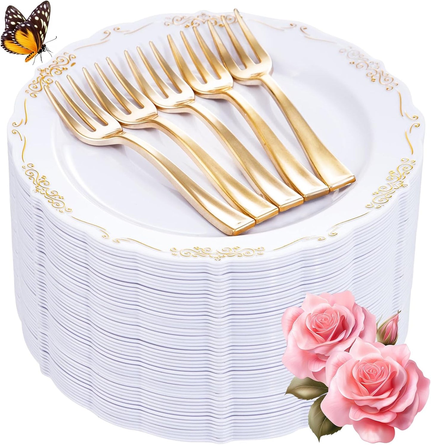 LIYH 200 Pcs Gold Dessert Plates and Forks for Elegant Events