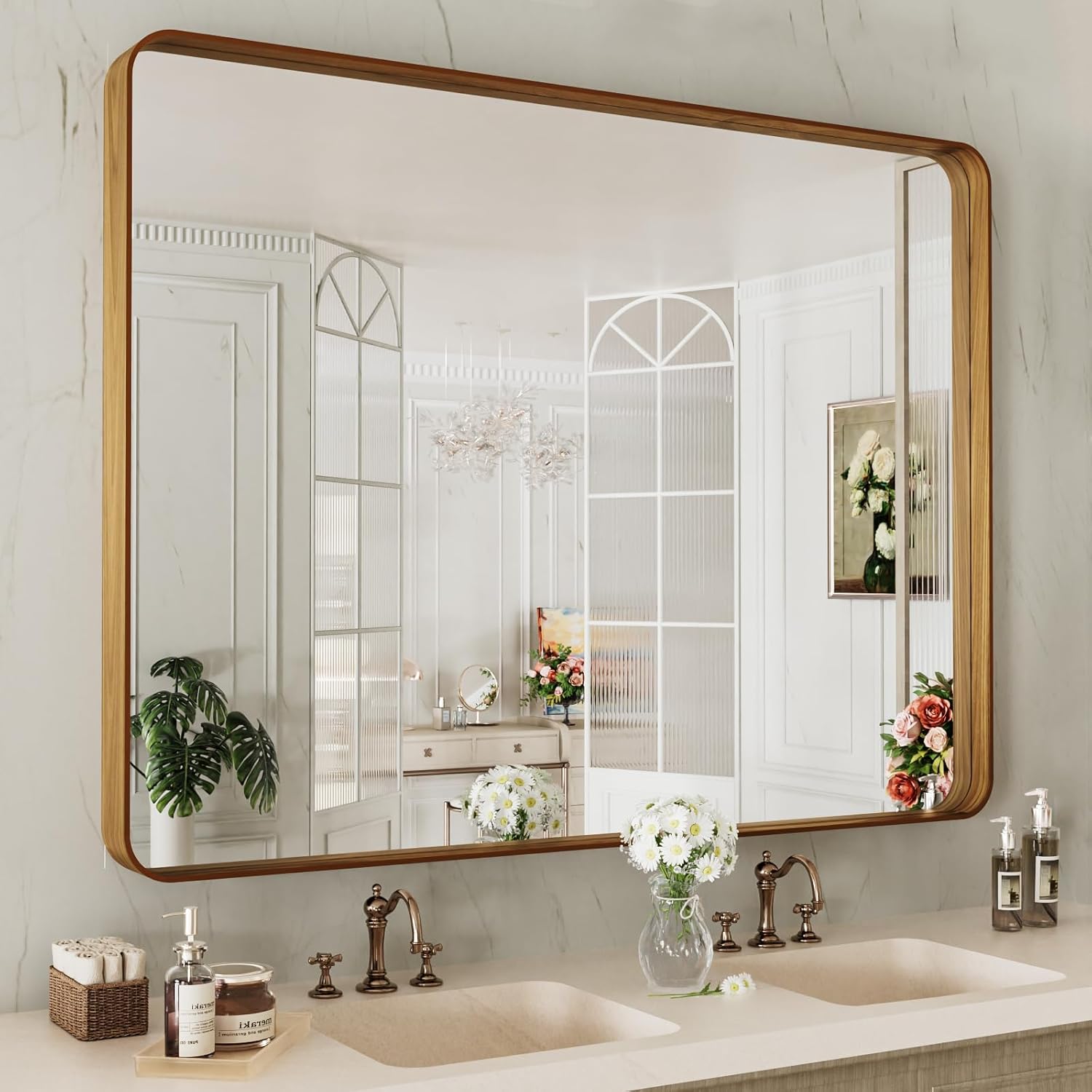 LOAAO 48X36 Inch Bathroom Mirror with Wood Grain Frame
