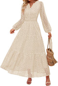 ZESICA Long Sleeve Maxi Dress V Neck Eyelet A Line - Flowy Fall Dress