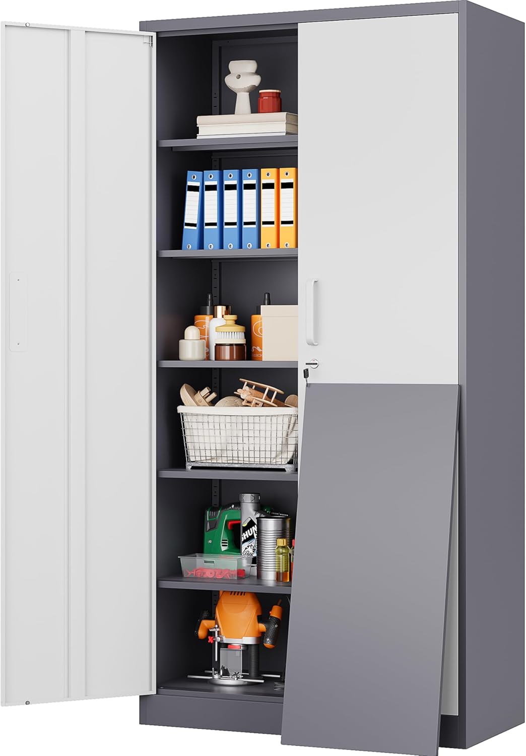 Wide Deep Metal Storage Cabinet with Lock and Adjustable Shelves