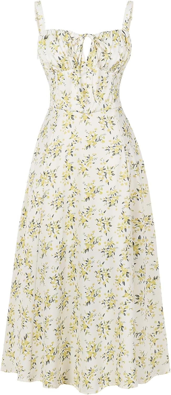 Floral Corset Dress for Women: Boho Midi Sundress with Slit