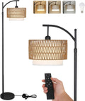 Arc Floor Lamp with Rattan & Fabric Shades - Adjustable Height Boho