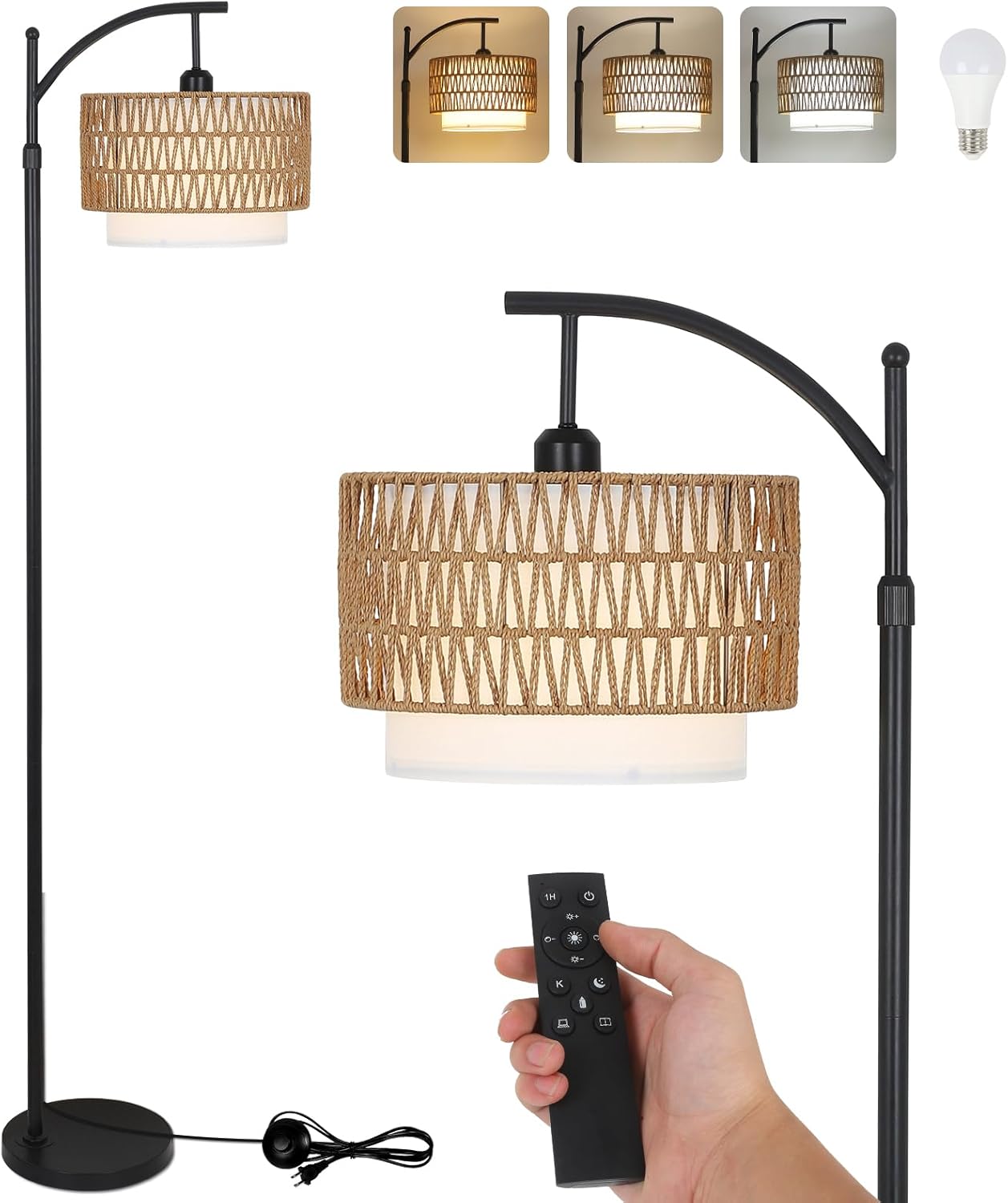 Arc Floor Lamp for Living Room with Remote & Dimmable Bulb