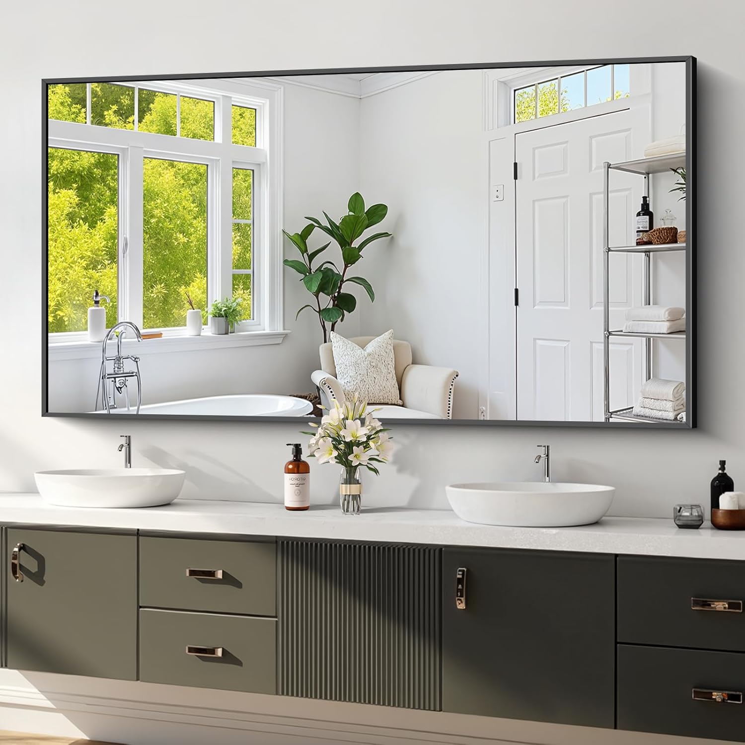 Koonmi Black Framed Bathroom Mirror - Shatterproof 30x60 in