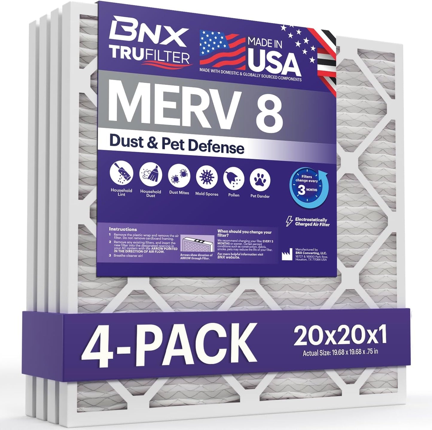 BNX TruFilter 20x20x1 Air Filter MERV 8 for Dust & Pet Defense