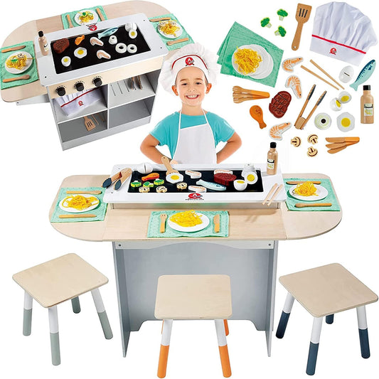 Svan Wooden Kids Hibachi Grill Playset - 25+ Toy Food Pieces for Chef Pretend Play