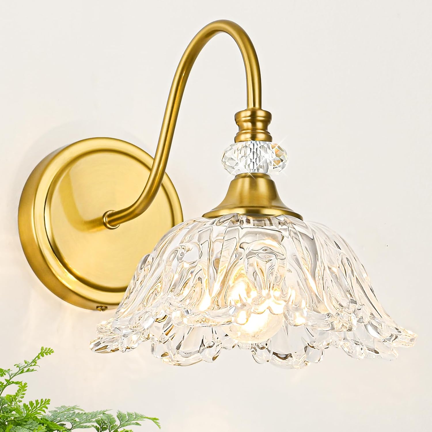 Gold Wall Sconce with Floral Glass Shade for Vintage Lighting