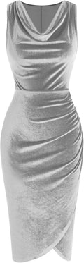 Velvet Cowl Neck Cocktail Dress - Flattering Ruched Midi Bodycon